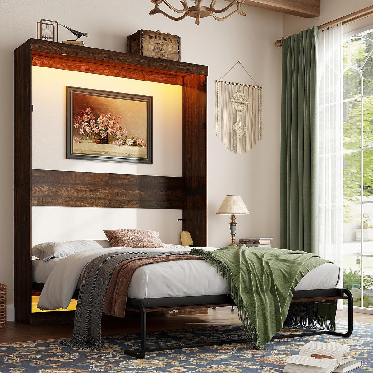 hlivelood queen size murphy bed with 2 led, main product view