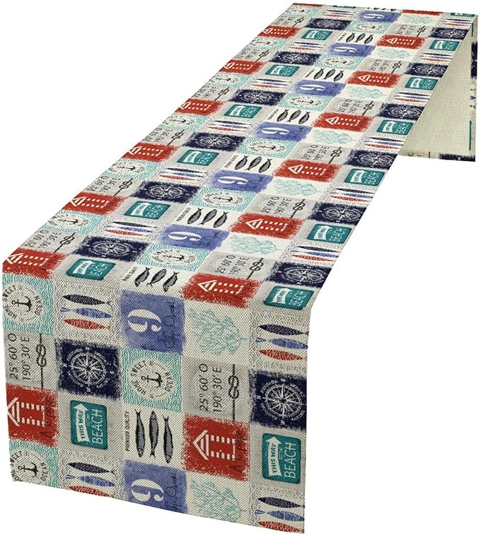 Vintage Nautical Patchwork Table Runner, Rudder Anchor Ocean Element by Unknown