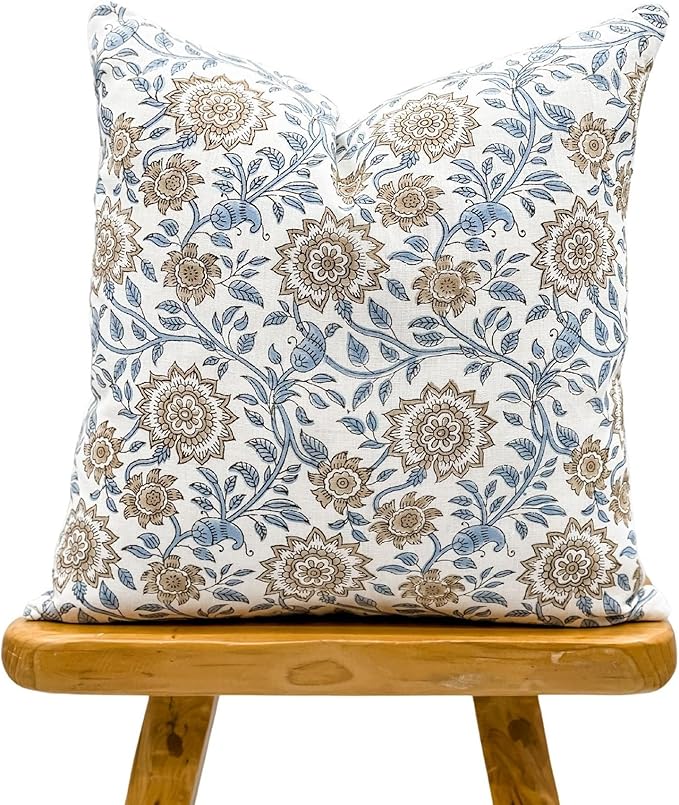 Designer Floral Print on Off White Linen Pillow Cover, Boho Décor Pillow by Krinto