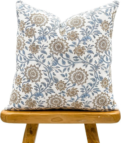 Designer Floral Print on Off White Linen Pillow Cover, Boho Décor Pillow by Krinto