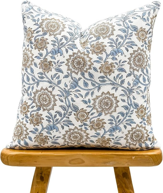 Designer Floral Print on Off White Linen Pillow Cover, Boho Décor Pillow by Krinto