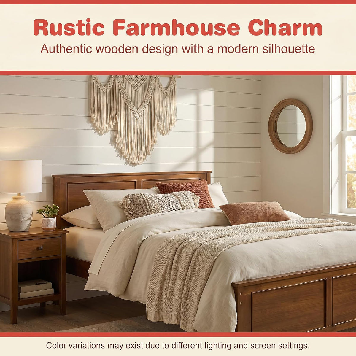 komfott queen size bed frame, farmhouse wooden platform, front angle view