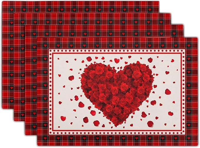 Giwawa 4PCs Valentines Day Placemats 12x18 Inch Love Hearts Rose Flower Place by Giwawa