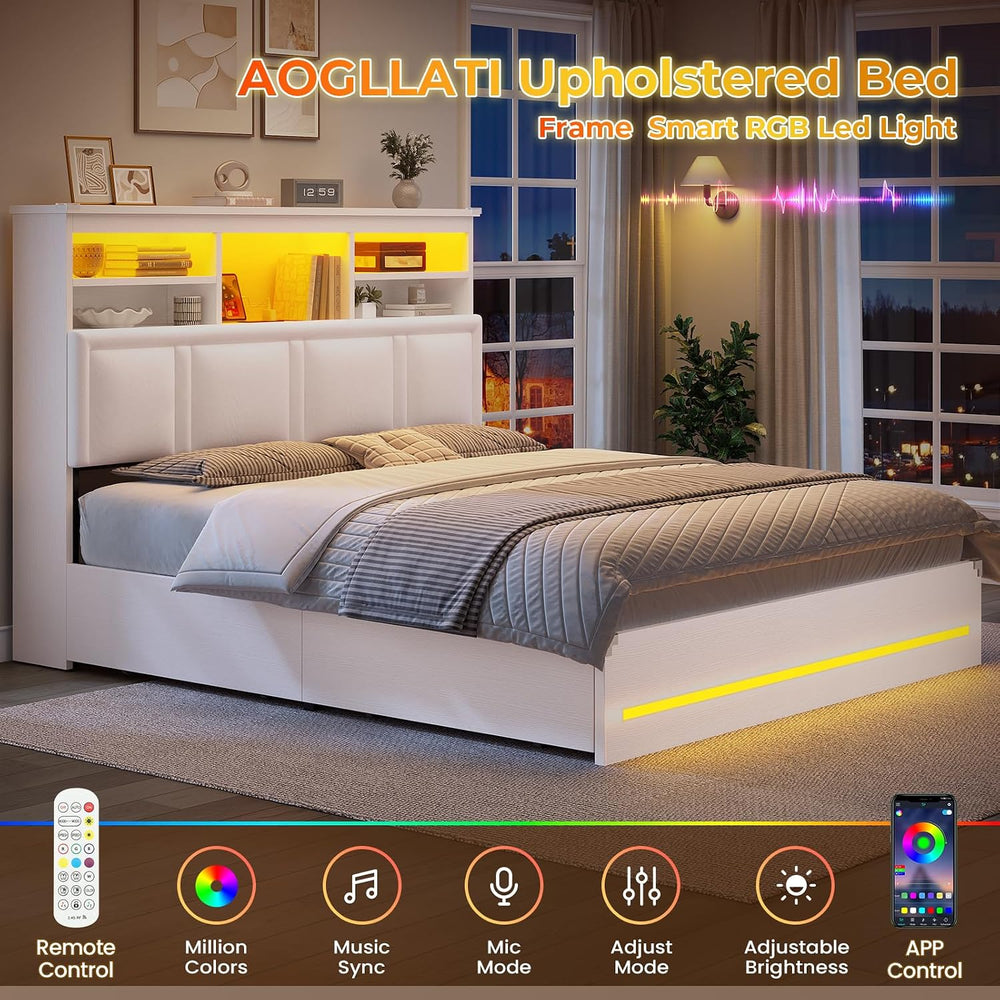 AOGLLATI Full Size Bed Frame with 4 Storage Drawers and Headboard,White