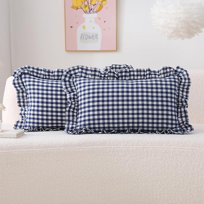 2 Pack Navy Blue Plaid Ruffle Gingham Lumbar Pillow Shams, 100% Washed Cotton by KMASANIJI