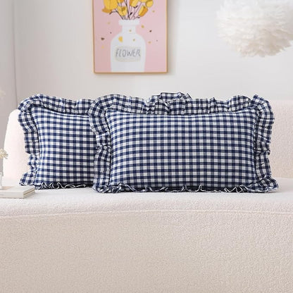 2 Pack Navy Blue Plaid Ruffle Gingham Lumbar Pillow Shams, 100% Washed Cotton by KMASANIJI