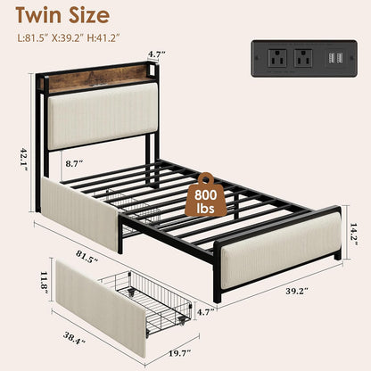 gaomon twin size bed frame with 2 drawers shown in use