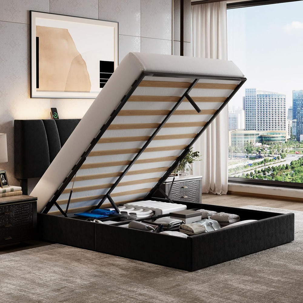 Novilla Full Lift Up Storage Bed Frame/Charging Station/LED Light, Black