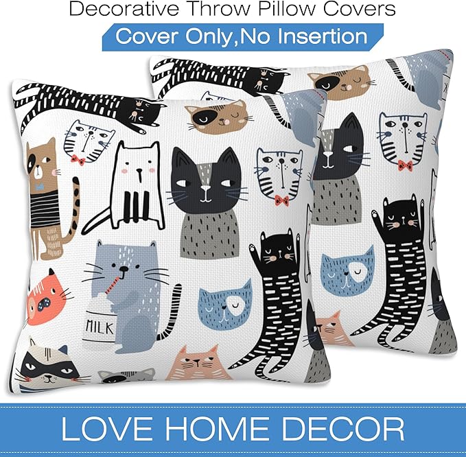 Throw Pillow Cover Case Funny Cats Pillow Covers 18x18 Inch Set of 2, Soft - Image 3