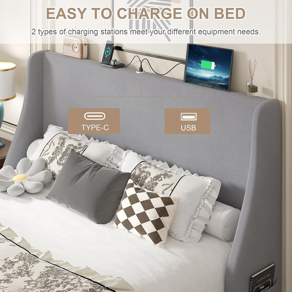 vecelo queen bed frame with upholstered wingback headboard, close-up detail