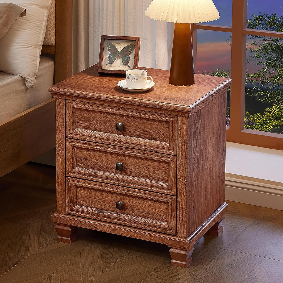 savor life 3-drawer farmhouse nightstand with solid wood on a desk or shelf