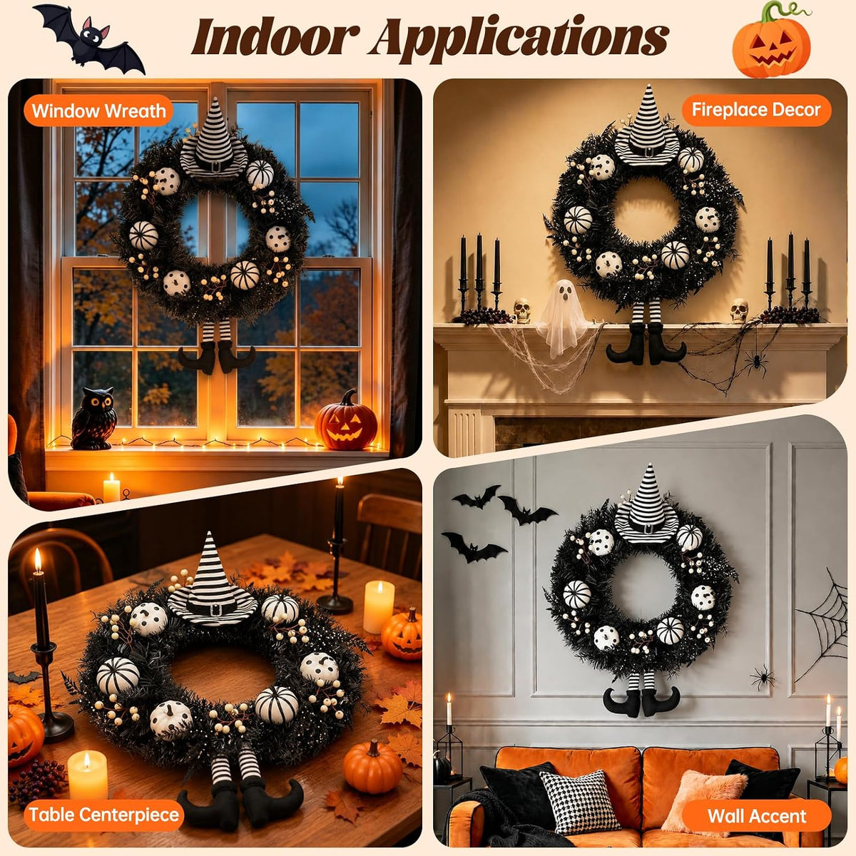 26" Halloween Wreath for Front Door with Hat, Legs, Pumpkins