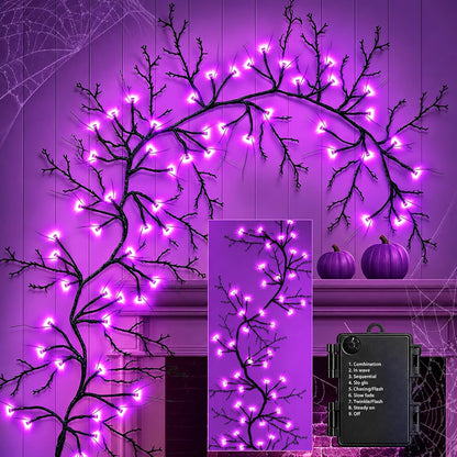 Couah [8 Modes & Timer] 9 Ft 72 LED Halloween Willow Vine Twig Garland with Purple Lights Battery Operated Indoor/Outdoor Wall Fireplace Mantle Halloween Decorations