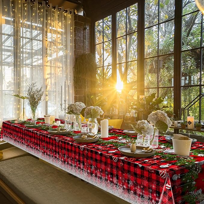 3Pcs Christmas Buffalo Plaid Snowflake Tablecloths, Plastic Red and Black - Image 7