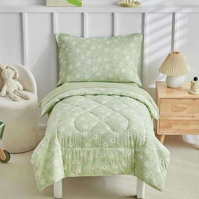 DuShow Green Floral Toddler Bedding Set, 4 Pieces Toddler Crib Bed Sheet Set by DuShow