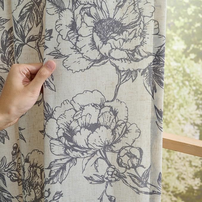 Taupe Floral Linen Curtains for Living Room Bedroom 84 Inches Long Rustic Peony - Image 4