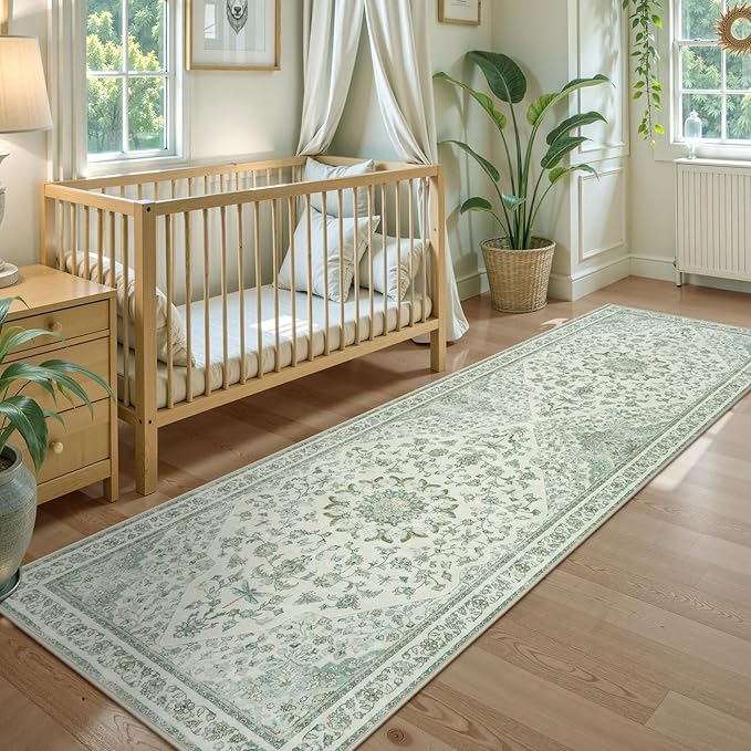 Moynesa Green 2.5x8 Hallway Runner Rugs, Vintage Floral Print Washable Runner - Image 8