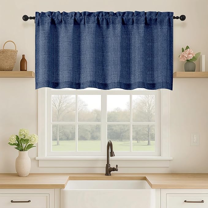 OVZME Navy Blue Valance for Windows, Light Filtering Faux Linen Textured Small by OVZME