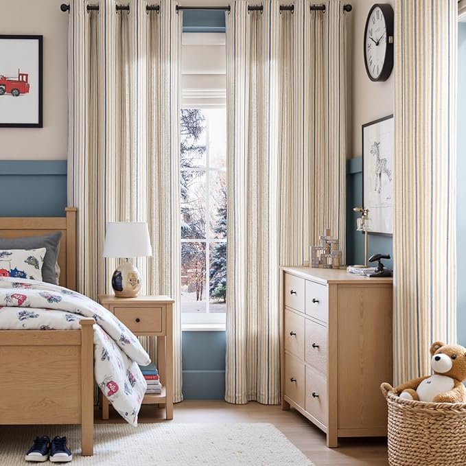 Vangao Linen Striped Blue Curtains Boho Tickingstripe Light Filtering Nursery - Image 6
