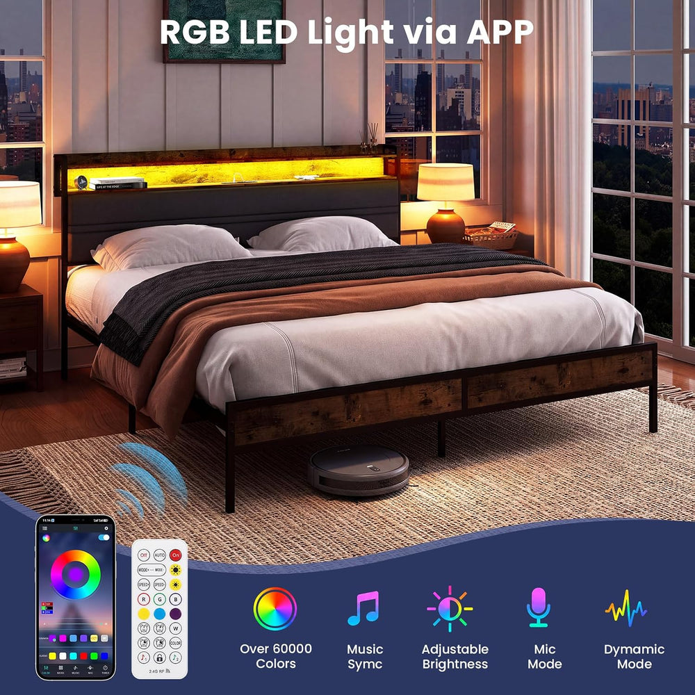 GRUSIGN Full Size Bed Frame with LED Light Storage Headboard and Charging Sta...