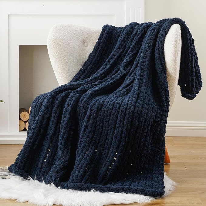 Battilo Navy Chunky Knit Throw Blanket, Soft and Thick Navy Blue Chenille Throw - Image 2