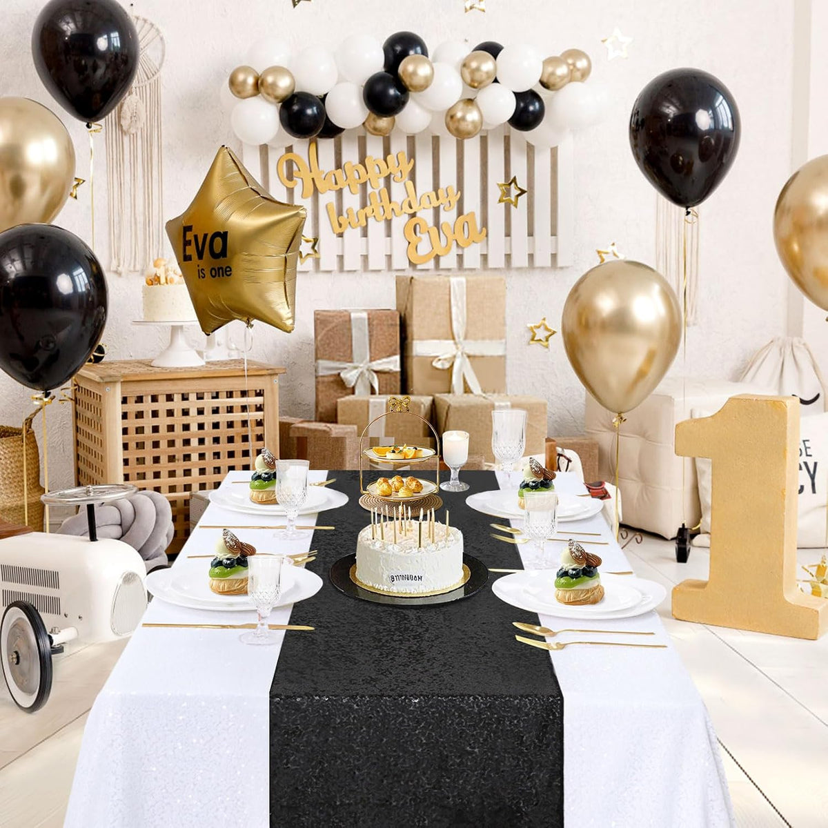 B-COOL Sequin Black Table Runner: 8 Pack 12x72Inch Glitter Decoration Sparkly Fabric for Halloween Graduation Holiday Birthday Outdoor Table Decor