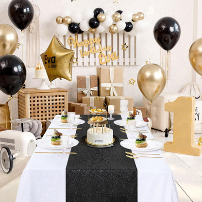 B-COOL Sequin Black Table Runner: 8 Pack 12x72Inch Glitter Decoration Sparkly Fabric for Halloween Graduation Holiday Birthday Outdoor Table Decor