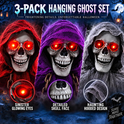 71" Halloween Hanging Skeleton Ghosts with Moving Grabbing Arm, Scary Sound & Glowing Red Eyes, 3 Pack Halloween Decorations Outdoor Flying Grim Reaper Set for Yard Porch Haunted House Props Décor