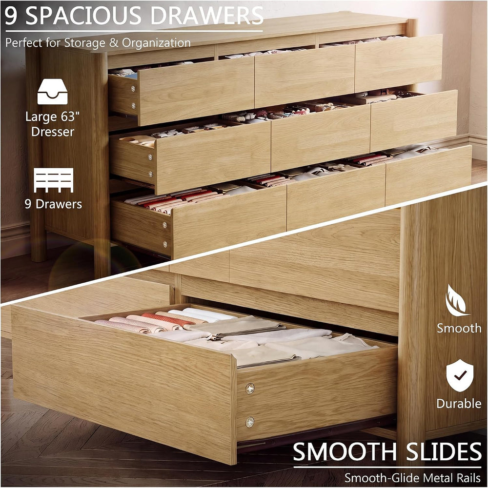 HOUROM Oak Dresser for Bedroom,63" Wide 9 Drawer Mid Century Modern Chest