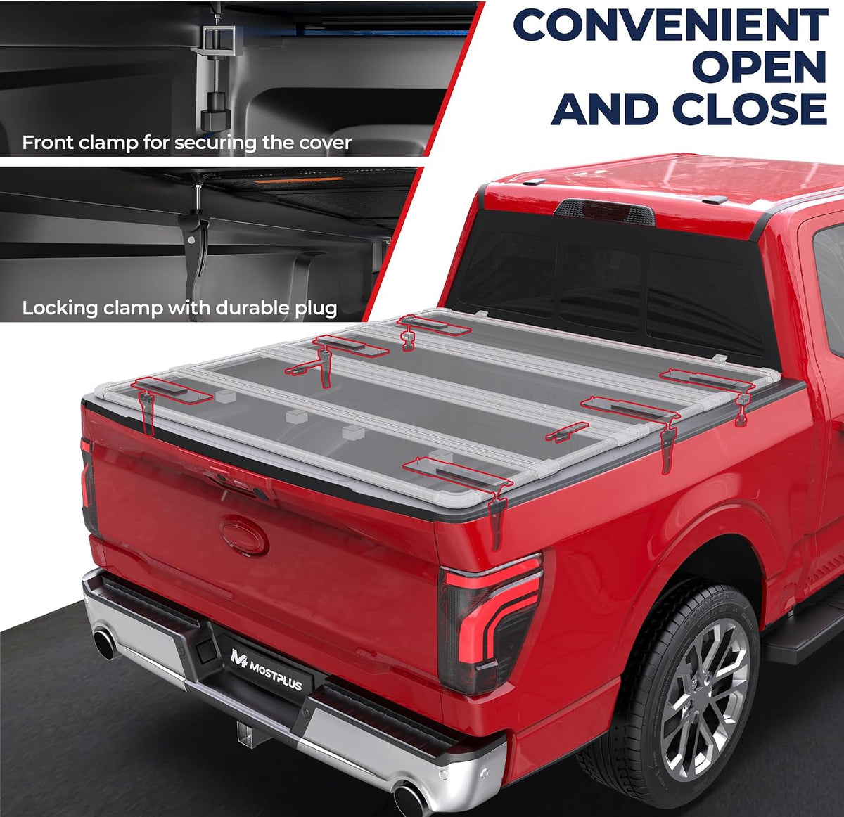 mostplus 5.5ft quad fold hard truck bed tonneau, close-up detail