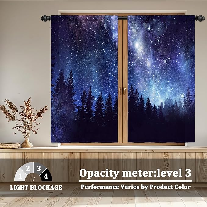 Renaiss 42 x 63 Inch Starry Sky Blackout Cafe Curtains Twinkle Star Pine Tree - Image 3