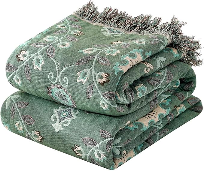 MSGKV Boho Throw Blanket for Couch Bed 100% Cotton Blankets Woven Green Blanket by MSGKVHomeTextiles
