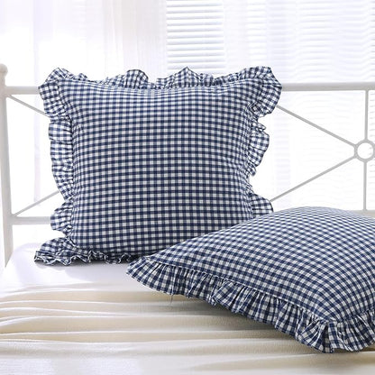 2 Pack Navy Blue White Plaid Ruffle Euro Gingham Throw Pillow Covers, 100% by KMASANIJI