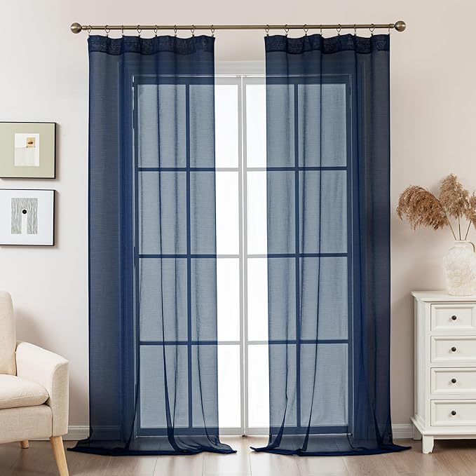 Navy Blue Sheer Curtains 108 Inches Extra Long, Privacy Semi Sheer Curtains - Image 2