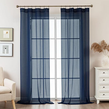 Navy Blue Sheer Curtains 108 Inches Extra Long, Privacy Semi Sheer Curtains - Image 2