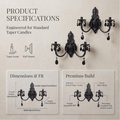 Black Iron Candle Sconces Gothic Wall Candle Holder Set of 2, Handcrafted Wrought Victorian Wall Mounted Candlestick with Acrylic Crystals for Halloween, Bedroom, Living Room, Dining Room