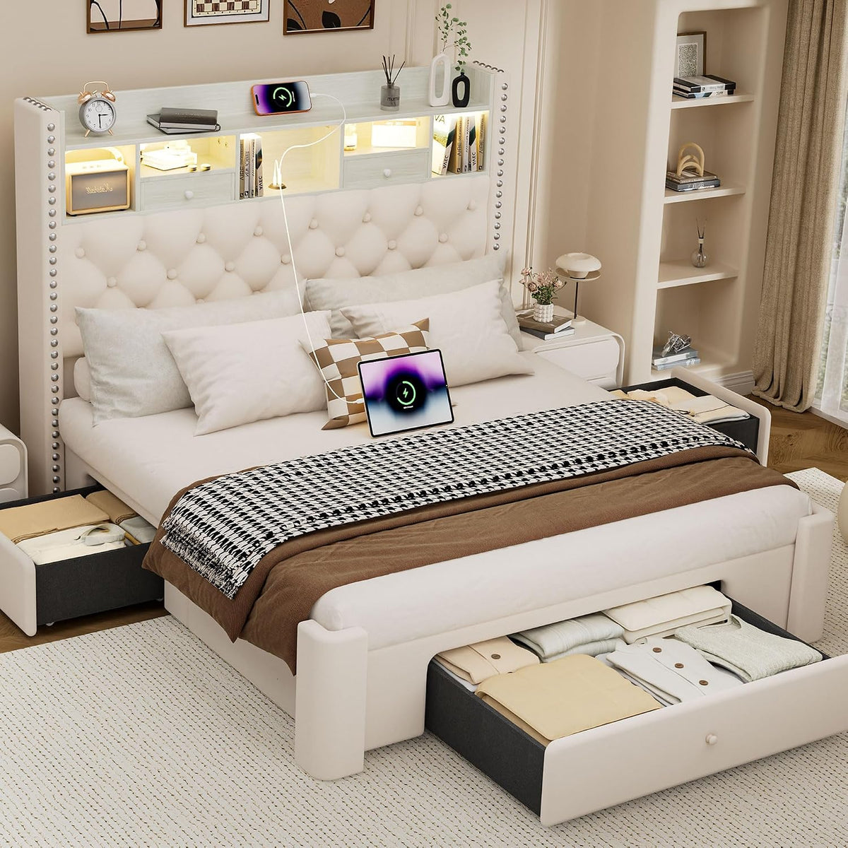 queen size bed frame with 3 storage drawers, main product view
