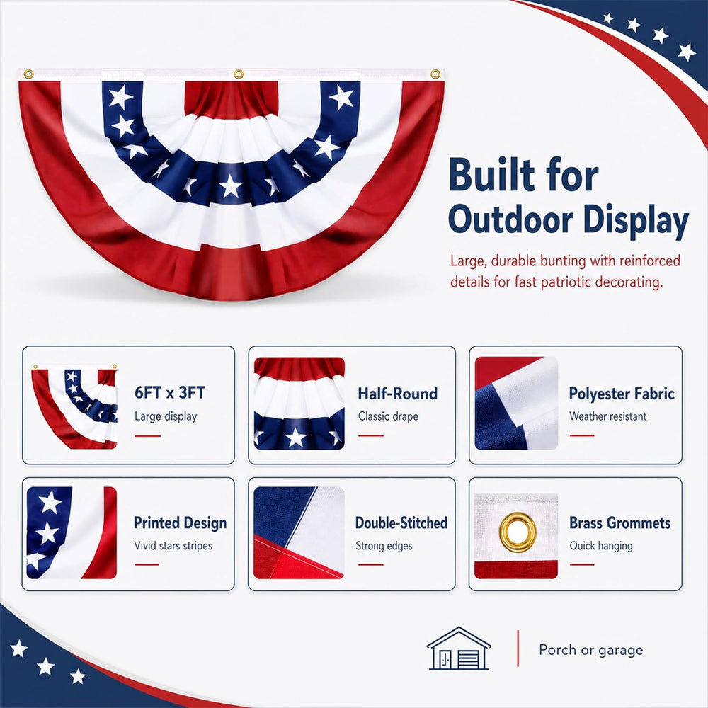 6 Pack USA Pleated Fan Flags - 6x3 FT Large American Flag Bunting for Outside...