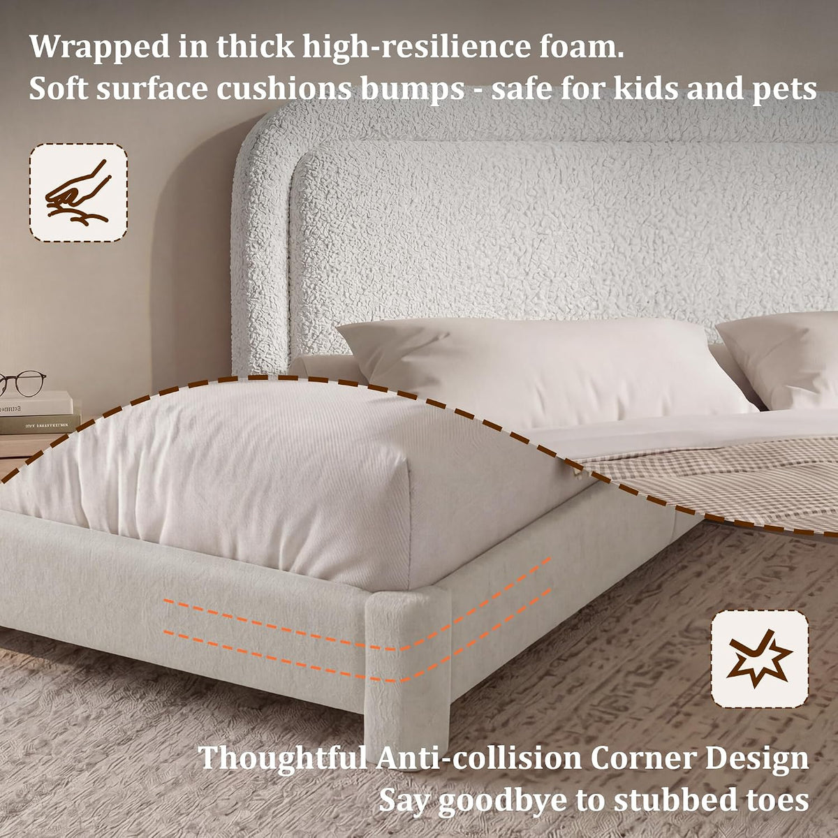 vipbear boucle queen size bed frame with adjustable showing dimensions