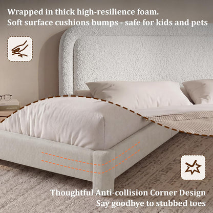 vipbear boucle queen size bed frame with adjustable showing dimensions