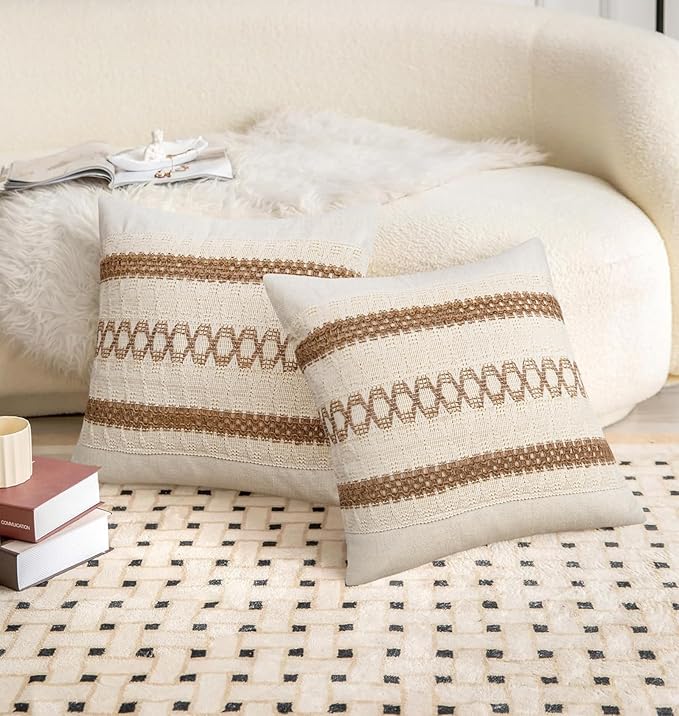 Pyonic Pack of 2 Boho Throw Pillow Covers 18x18 Inch Farmhouse Decorative Throw - Image 5