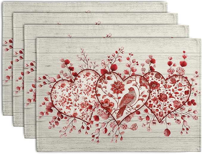 Valentine Wooden Heart Placemats Set of 4, 12x18 Inch Valentines Chinoiserie by Wnoesat