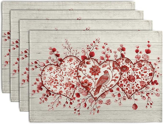 Valentine Wooden Heart Placemats Set of 4, 12x18 Inch Valentines Chinoiserie by Wnoesat