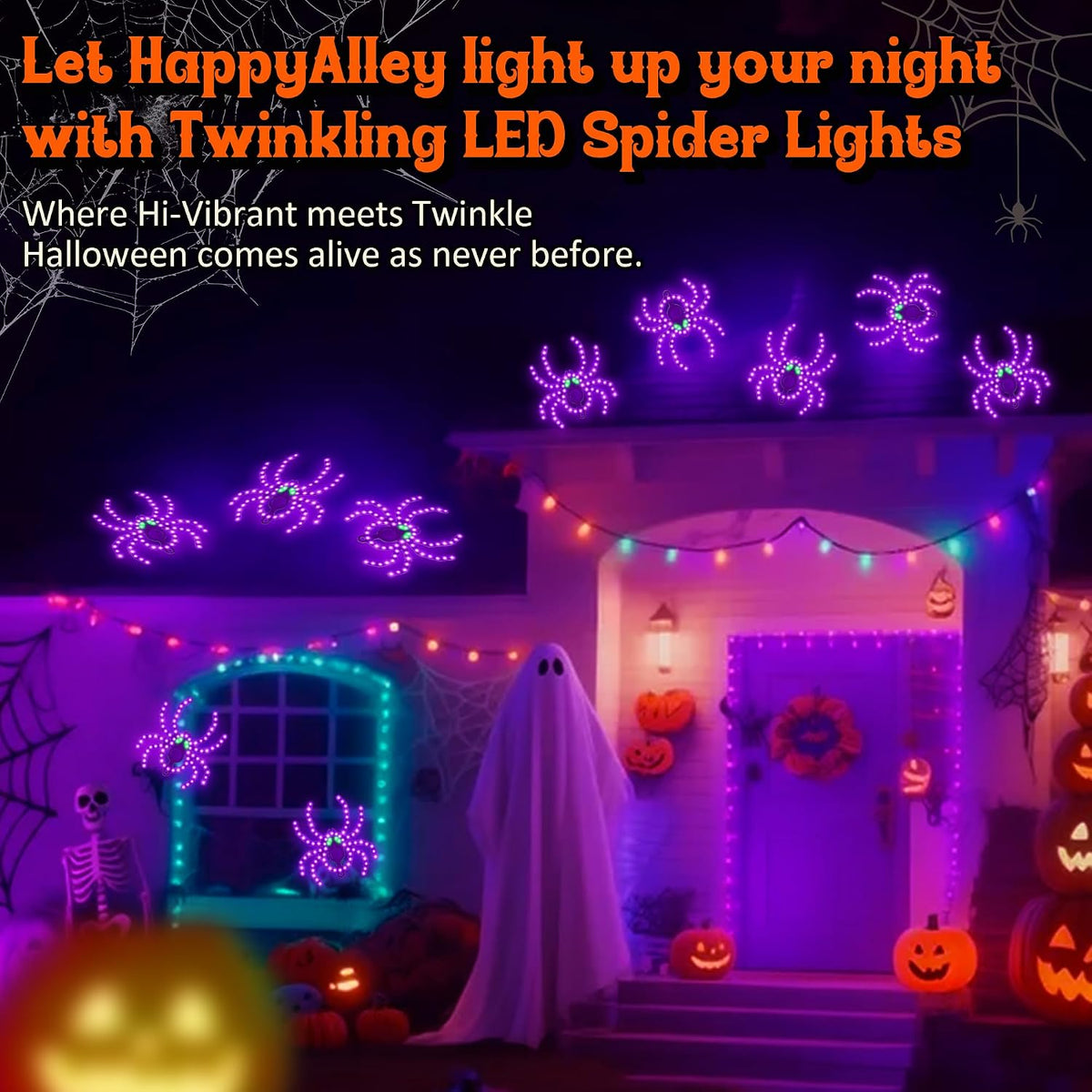 3 Pack 9" Halloween Classics Twinkling LED Spiders, Hi-Vibrant Aluminum Frame Spiders Window Silhouette Lights, 234 Purple and 12 Green LED Lights, Holiday Indoor Outdoor Decoration