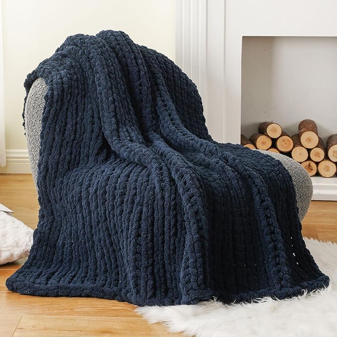 Battilo Navy Chunky Knit Throw Blanket, Soft and Thick Navy Blue Chenille Throw by Battilo