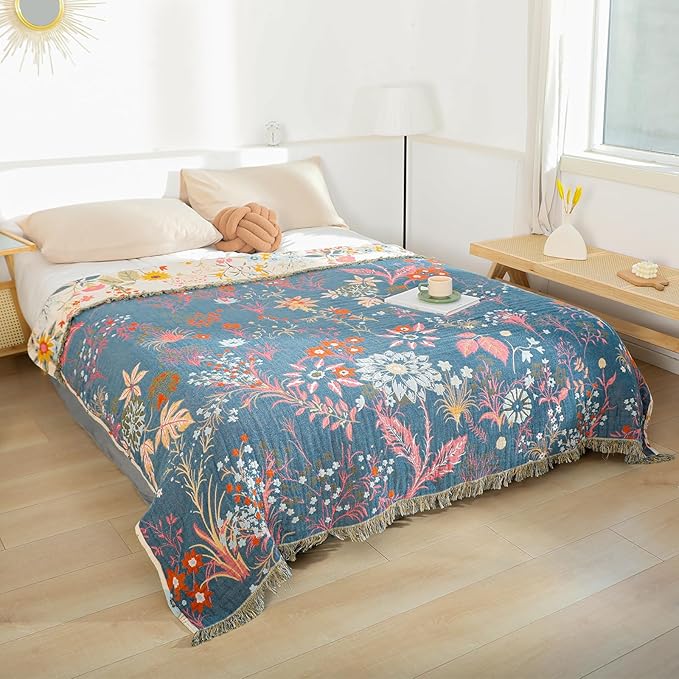 MSGKV Boho Throw Blanket for Couch Chair 100% Cotton Floral Blanket 50"x60" - Image 7