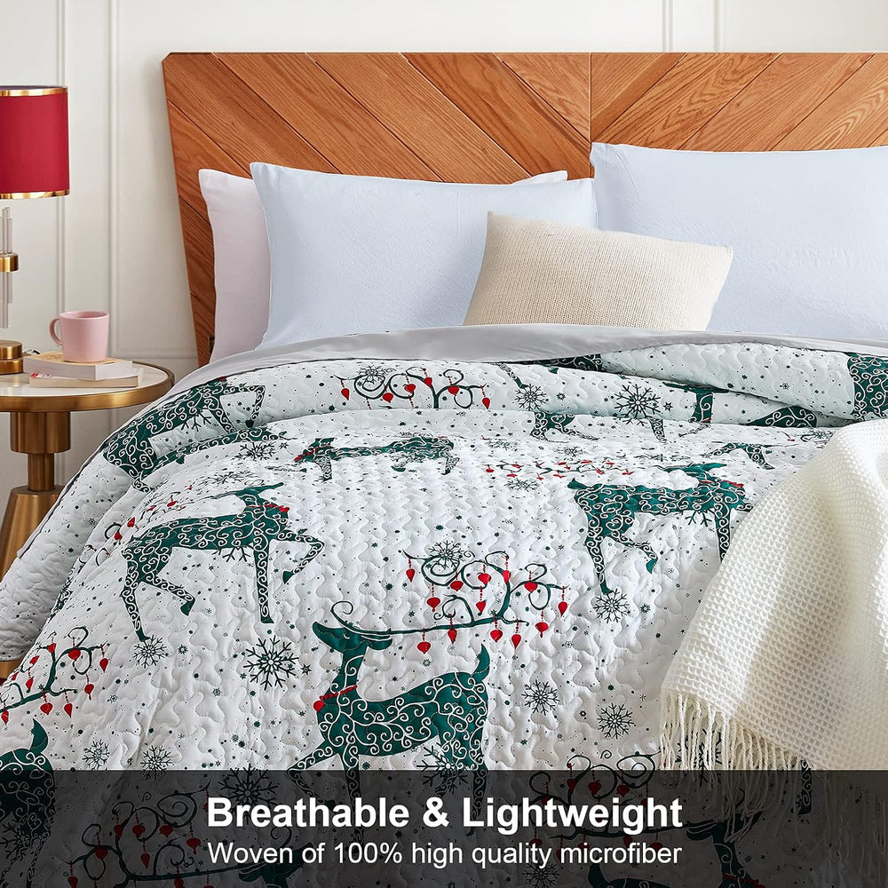 Hansleep Christmas Bedspread Queen Size, Green Reindeer Quilt Bedding Set