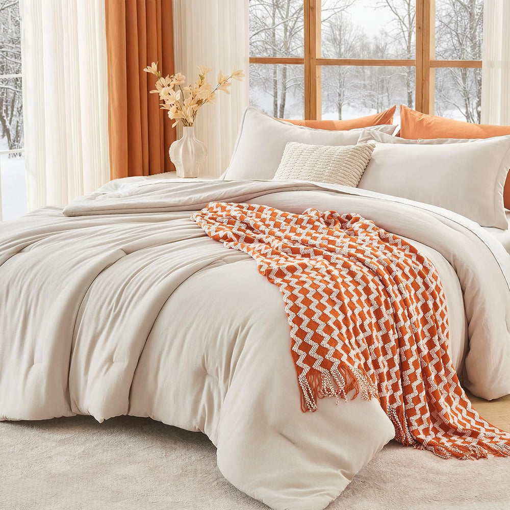 MUXHOMO King Comforter Set, 3-Piece All-Season Bedding, Beige
