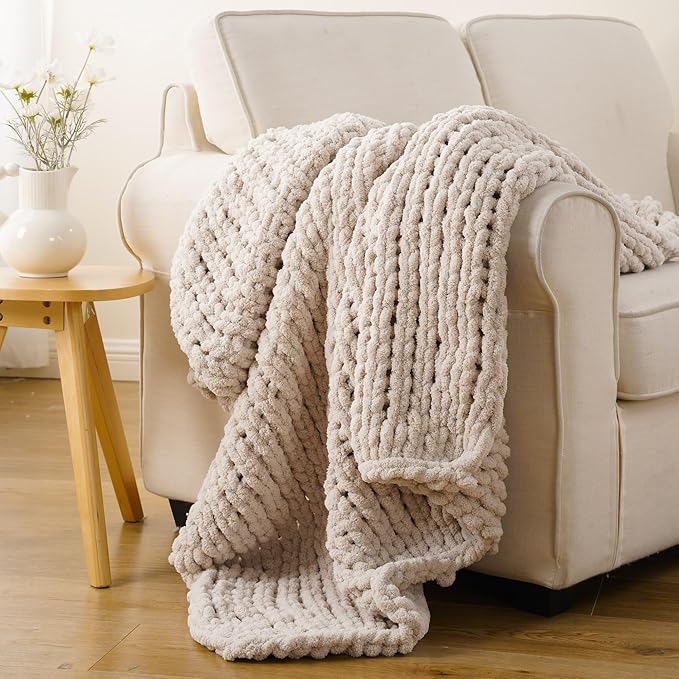 Battilo Beige Chunky Knit Throw Blanket, Soft and Thick Cream Chenille Throw - Image 4