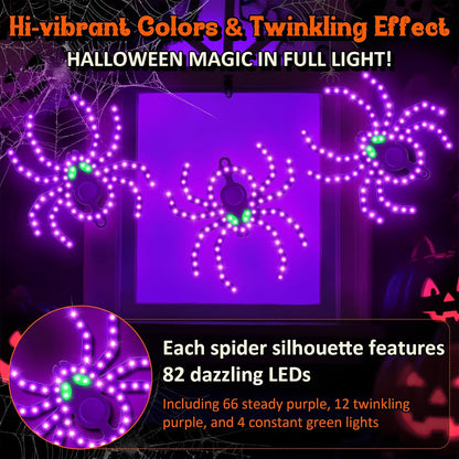 3 Pack 9" Halloween Classics Twinkling LED Spiders, Hi-Vibrant Aluminum Frame Spiders Window Silhouette Lights, 234 Purple and 12 Green LED Lights, Holiday Indoor Outdoor Decoration